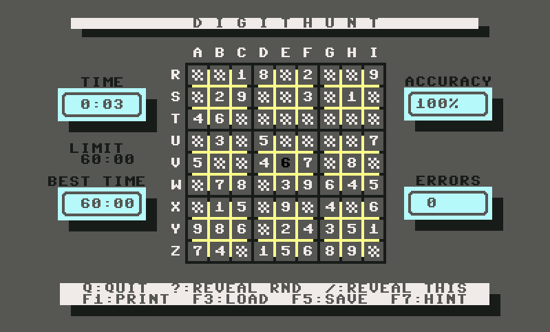 Capture d’écran de Digithunt, premier jeu de type Sudoku sur Commodore 64, datant de 1989