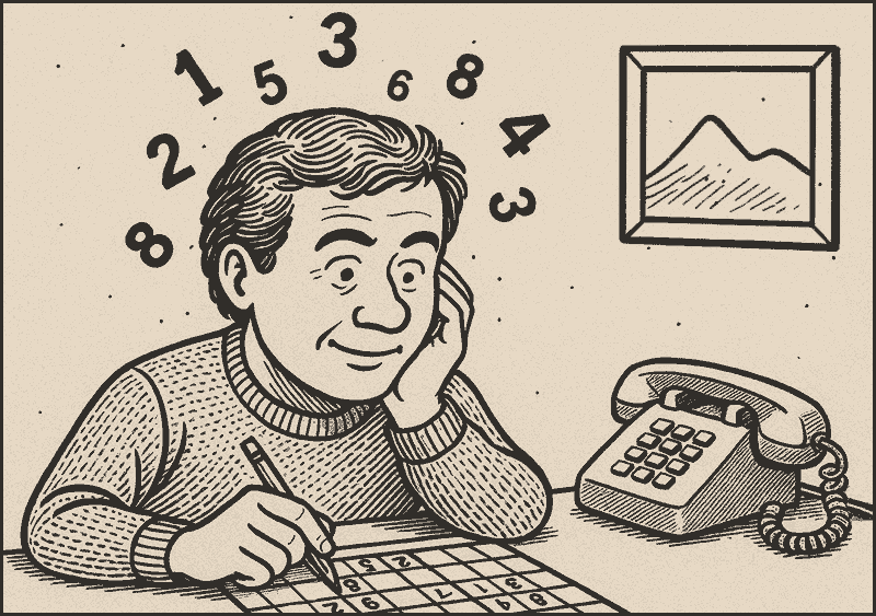 Dessin d’un penseur concentré sur une grille de Sudoku, entouré de chiffres flottants